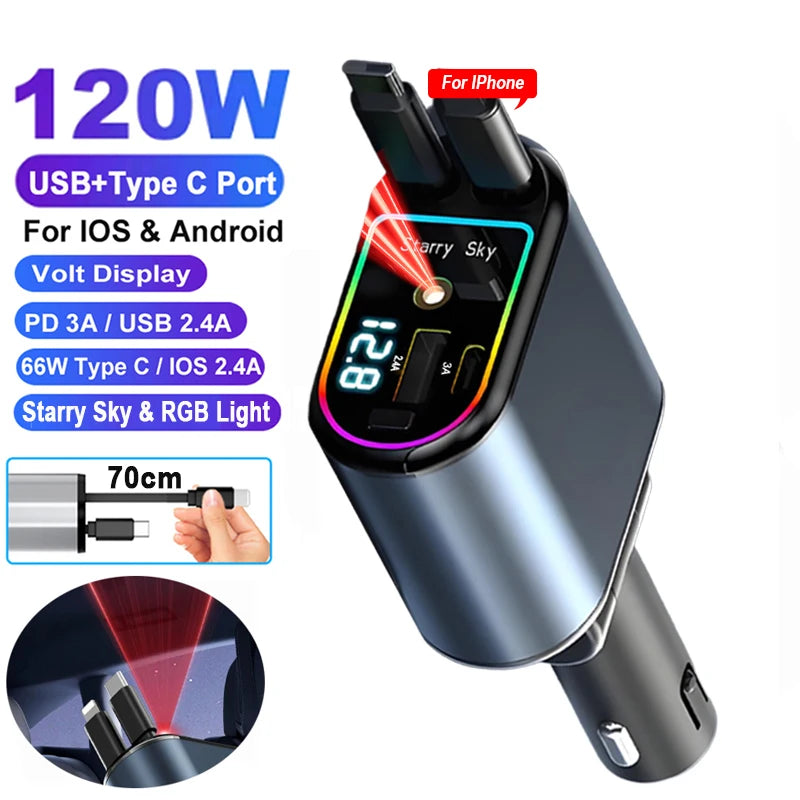 Adaptador de carregador de carro 120 W, cabo USB tipo C de carregamento rápido com cabos retráteis, adequado para iPhone 16/15/14/13/12 Samsung