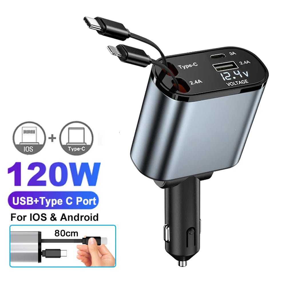 Adaptador de carregador de carro 120 W, cabo USB tipo C de carregamento rápido com cabos retráteis, adequado para iPhone 16/15/14/13/12 Samsung