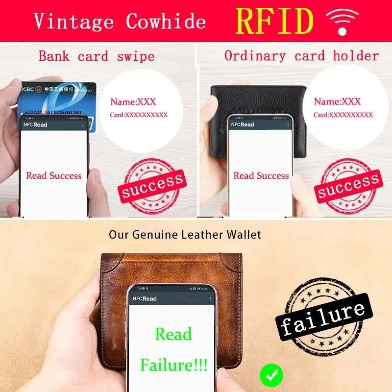 Carteiras de couro genuíno, vintage, fina, curta, multifuncional, ID, cartão de crédito, bolsa de dinheiro.