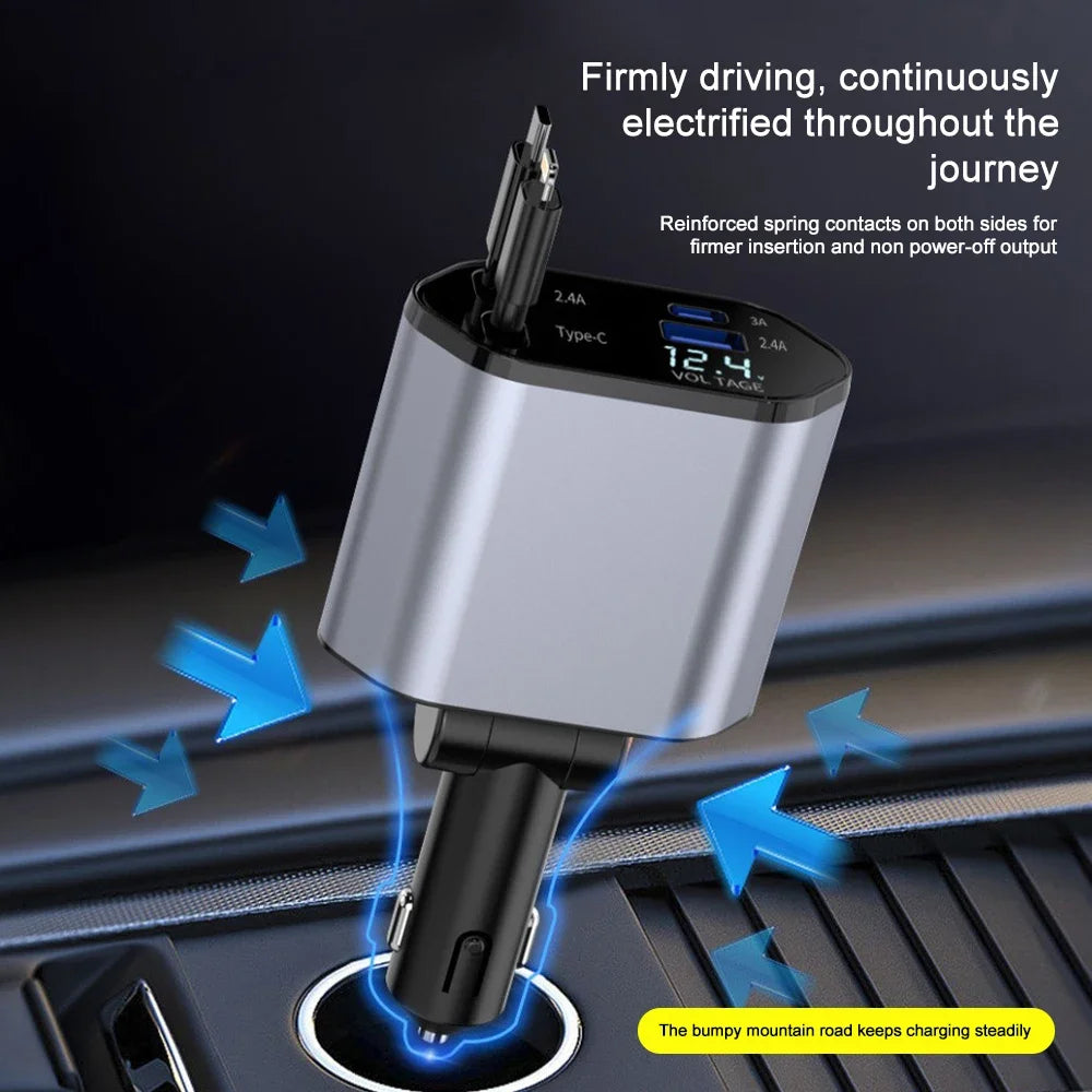 Adaptador de carregador de carro 120 W, cabo USB tipo C de carregamento rápido com cabos retráteis, adequado para iPhone 16/15/14/13/12 Samsung