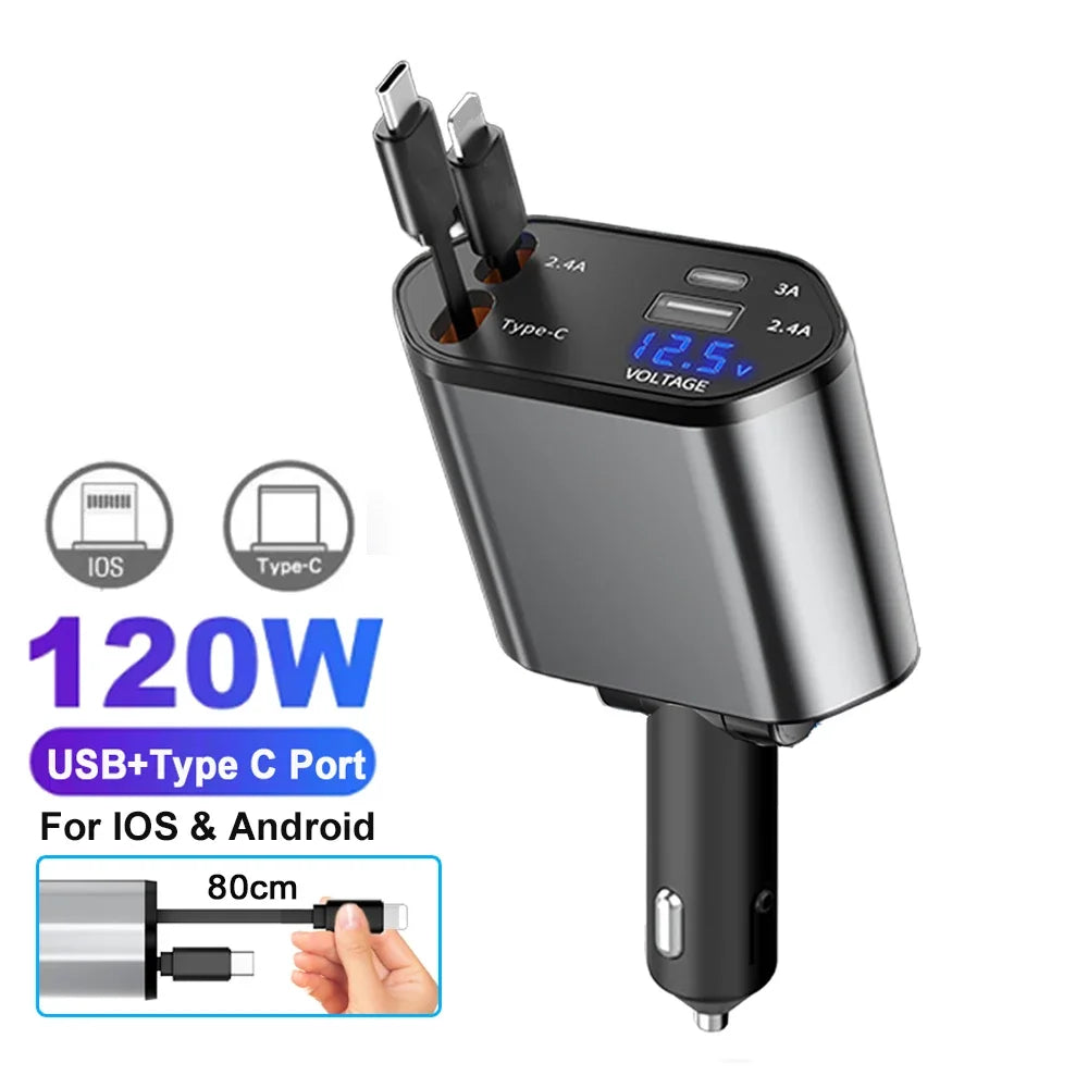 Adaptador de carregador de carro 120 W, cabo USB tipo C de carregamento rápido com cabos retráteis, adequado para iPhone 16/15/14/13/12 Samsung